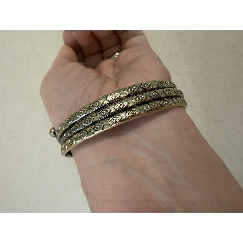 Vintage Brass Evil Eye Triple Band Cuff Bracelet Boho Tribal Adjustable Wide - Picture 10 of 10